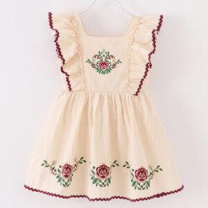 Beige Embroidery Flower Ruffle Girl Dress
