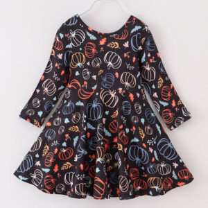 Navy Pumpkin Print Girl Twirl Dress