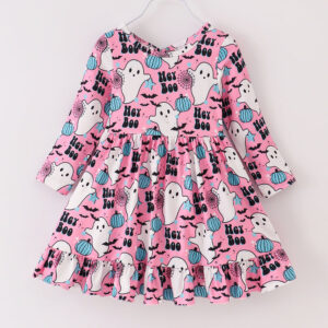 Halloween Pink Hey Boo Ghose Print Girl Twirl Dress