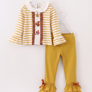 Yellow Stripe Squirrel Leaves Ruffle Girl Bell Bottom Set
