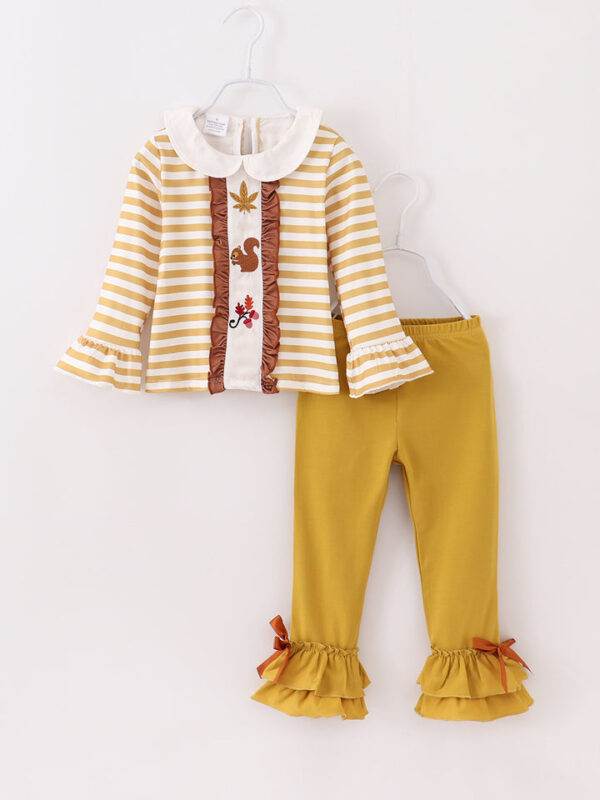 Yellow Stripe Squirrel Leaves Ruffle Girl Bell Bottom Set
