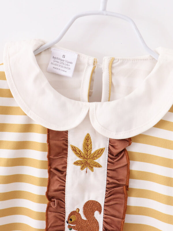 Yellow Stripe Squirrel Leaves Ruffle Girl Bell Bottom Set - Image 3