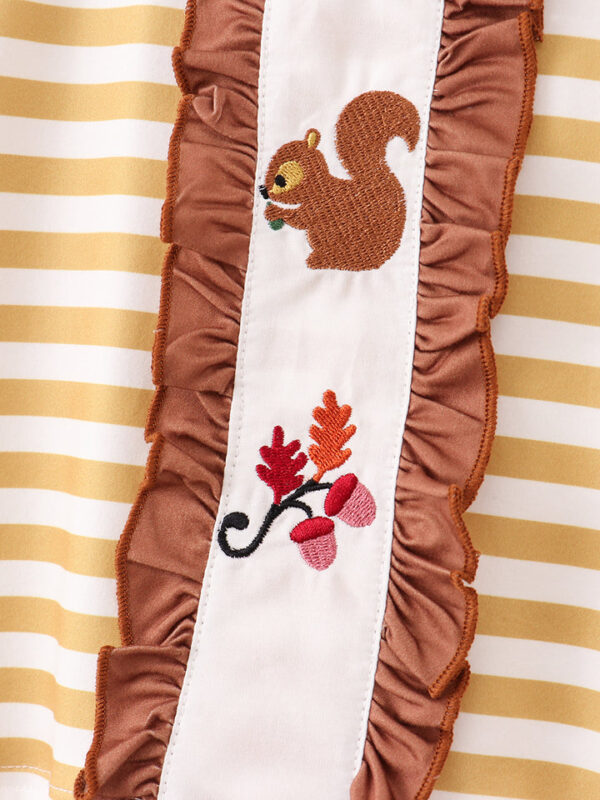 Yellow Stripe Squirrel Leaves Ruffle Girl Bell Bottom Set - Image 4