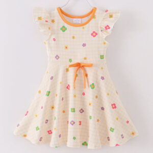 Retro Flower Yellow Plaid Ruffle Girl Dress