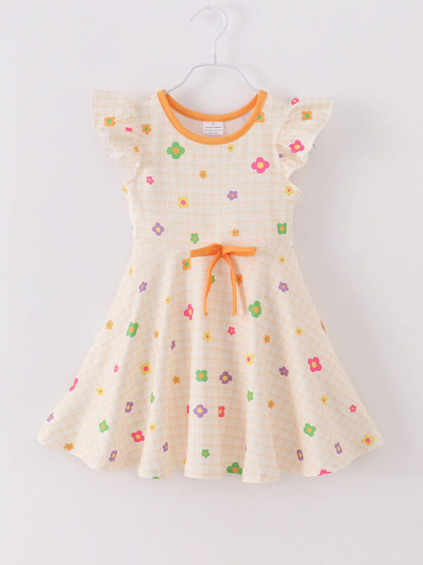 Retro Flower Yellow Plaid Ruffle Girl Dress