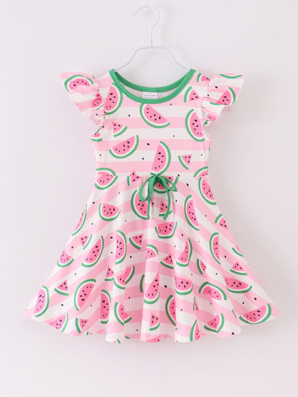 Pink Stripe Watermelon Ruffle Girl Dress