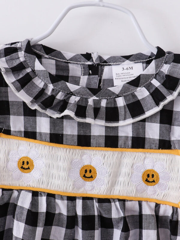 Black Plaid Smile Baby Smocked Bubble Romper - Image 4