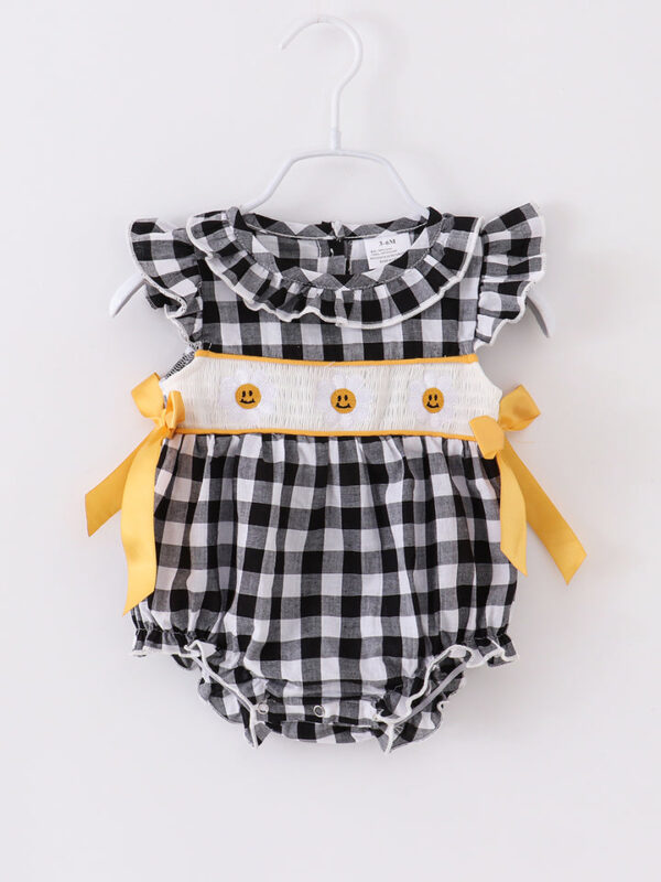 Black Plaid Smile Baby Smocked Bubble Romper