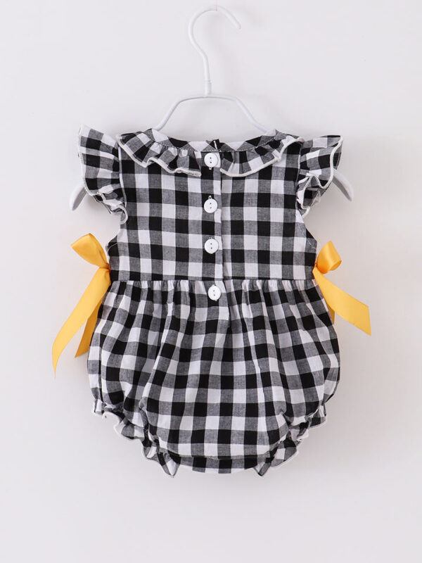 Black Plaid Smile Baby Smocked Bubble Romper - Image 3