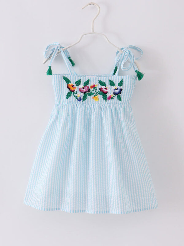 Blue Stripe Embroidery Flower Smocked Girl Dress