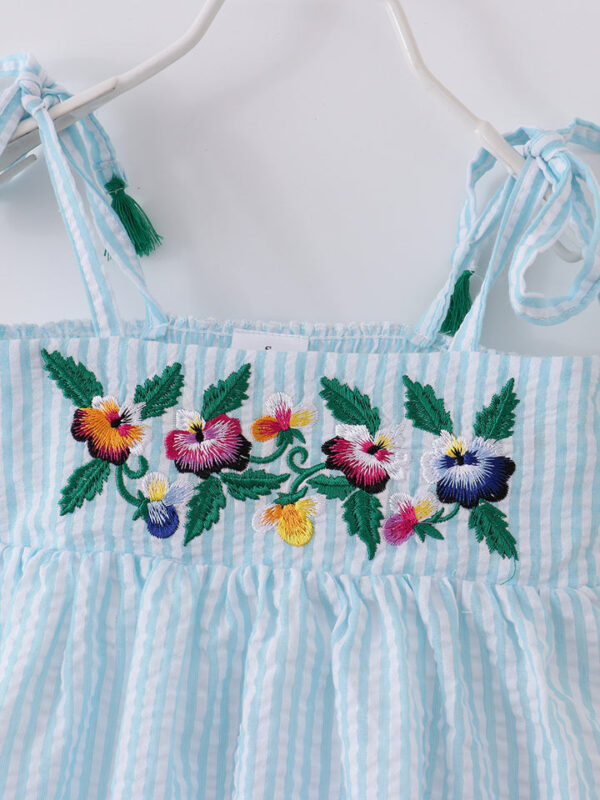 Blue Stripe Embroidery Flower Smocked Girl Dress - Image 3