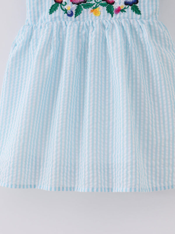 Blue Stripe Embroidery Flower Smocked Girl Dress - Image 5