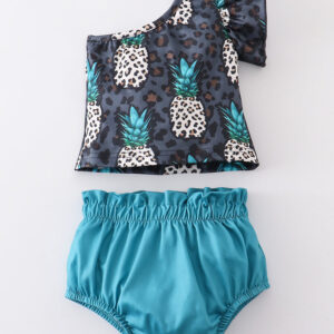 Black Leopard Pineapple Ruffle One Shoulder Baby Set