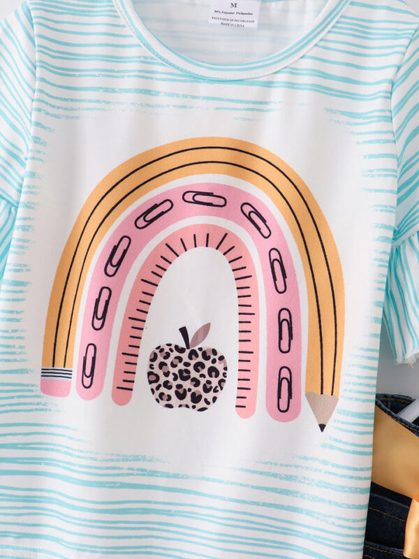 Back to School Rainbow Apple Girl Denim Short Set - Image 4