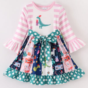 Dinosaur Stripe Dots Ruffle Twirl Dress