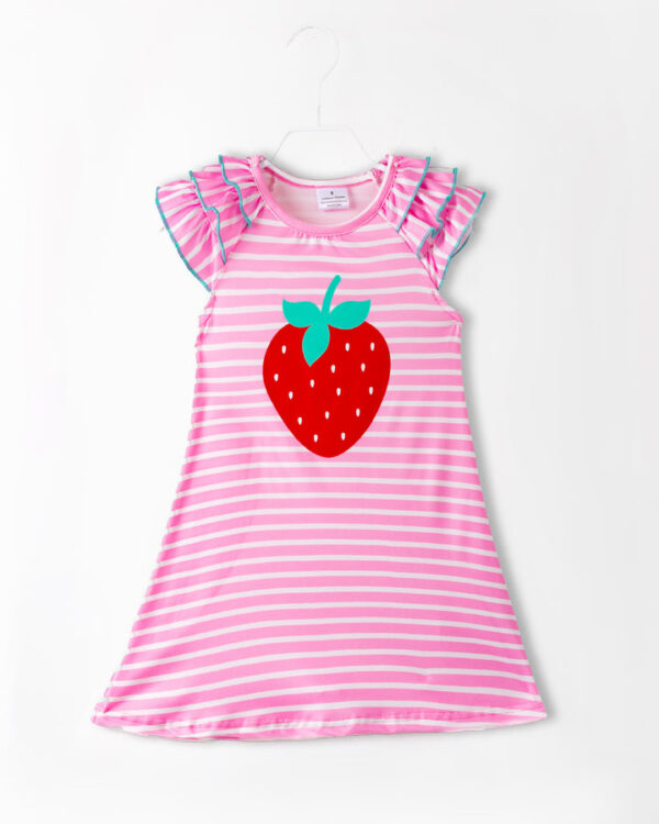Pink Stripe Strawberry Ruffle Girl Dress