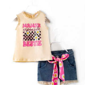 Pink Smile Daisy Girl Denim Short Set
