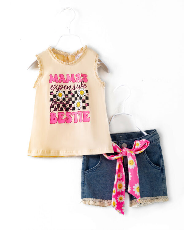 Pink Smile Daisy Girl Denim Short Set
